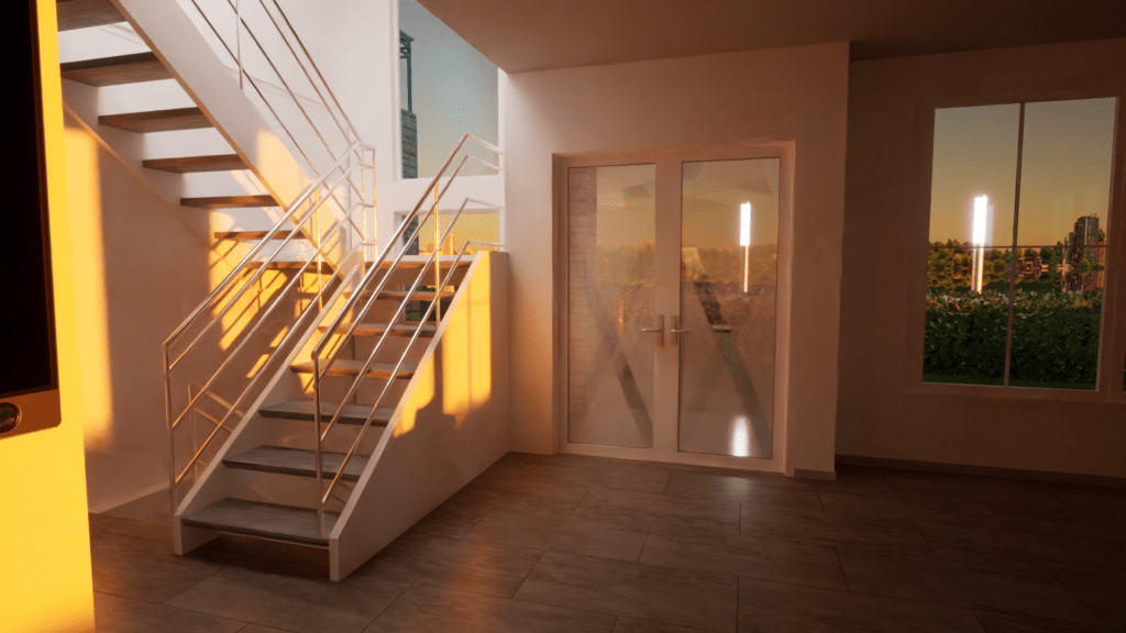 Sun-kissed house lobby with clear view of the exit, modern and minimalist design, natural elements, and warm and inviting atmosphere